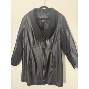 IMAN‎ Genuine Leather Jacket Knit Collar Zip Front Coat Black Size L